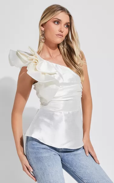 Tops Carizza Top - One Shoulder Flounce Gathered Bodice Top In White Showpo Women