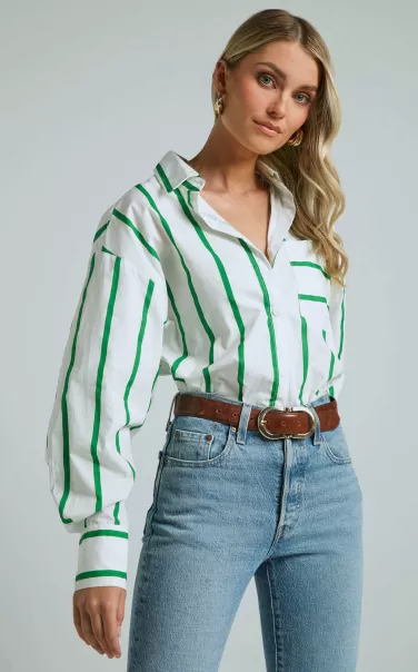Tops Showpo Jaycey Shirt - Long Sleeve Pocket Detail Shirt In White And Green Stripe Women