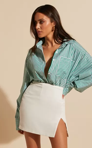 Women Showpo Tops Jaycey Shirt - Long Sleeve Pocket Detail Shirt In Green Stripe