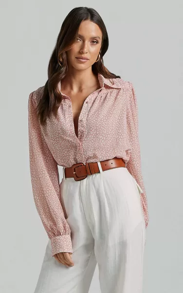 Showpo Tops Milane Blouse - Collared Button Through Long Blouson Sleeve In Pink & White Print Women