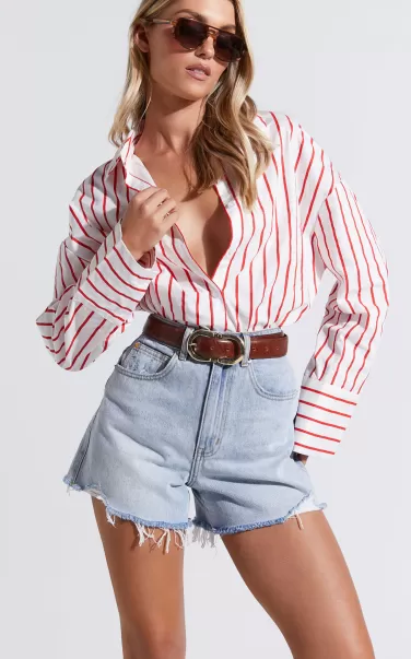 Tops Anderson Top - Collared Long Sleeve Shirt In Red Stripe Showpo Women