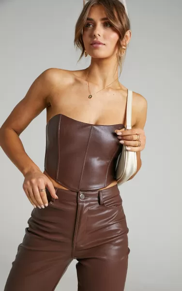 Lorrin Corset - Faux Leather Cropped Corset In Chocolate Tops Showpo Women