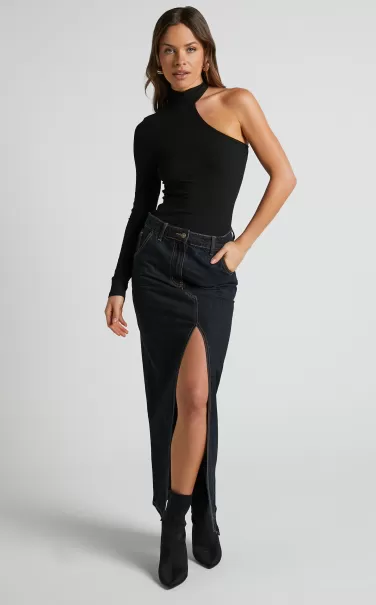 Showpo Women Tops Esme Top - Asymmetrical High Neck Long Sleeve Top In Black