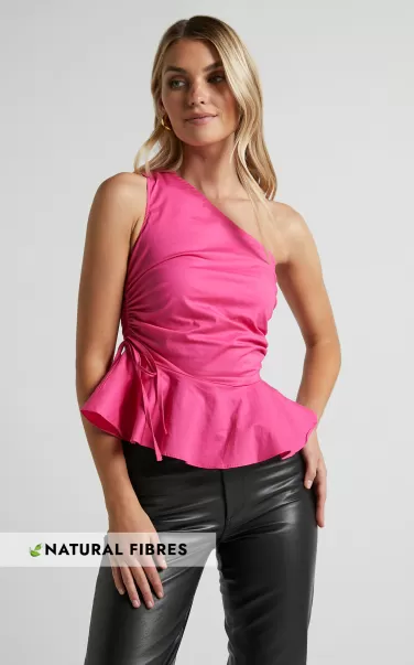 Women Showpo Carder Top - One Shoulder Ruched Side Detail Asymmetrical Frill In Pink Tops