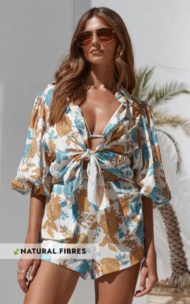 Women Amalie The Label - Kimmella Linen Blend Puff Sleeve Shirt In Valencia Floral Showpo Tops