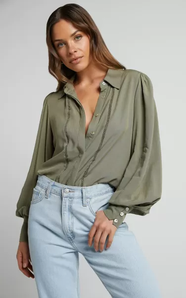 Women Tops Alaric Blouse - Button Through Long Sleeve Blouse In Olive Showpo