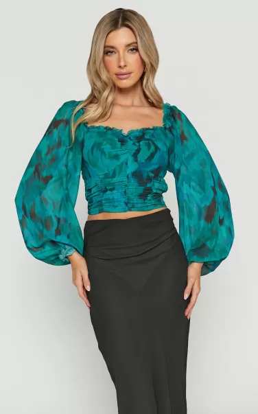 Clabelle Top - Long Sleeve Ruched Sweetheart Top In Emerald Blur Floral Women Showpo Tops