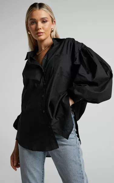 Showpo Women Delly Blouse - Relaxed Balloon Sleeve Button Up Blouse In Black Tops