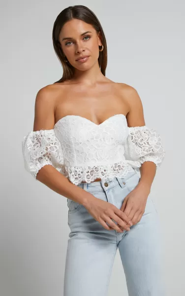 Showpo Women Fhely Top - Lace Puff Sleeve Corset Top In White Tops