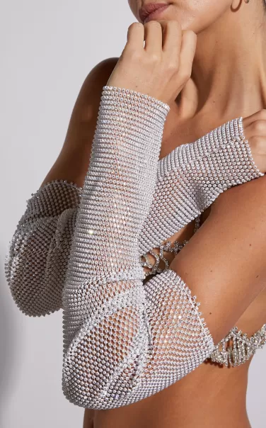 Ariah Diamante Handless Gloves In Silver Mesh Scarves & Gloves Showpo Women