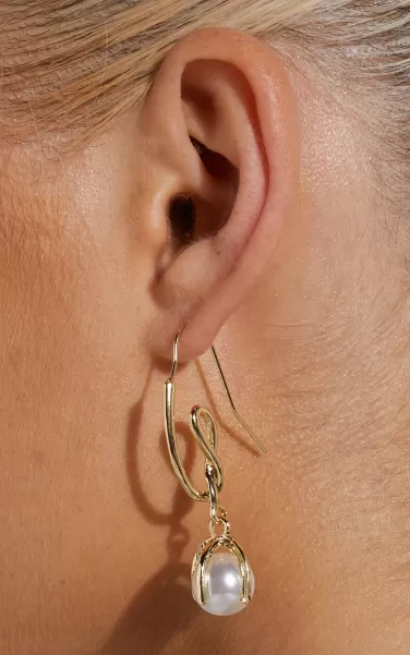 Women Showpo Hazel Pearl Drop Open Hoop Earrings In Gold Pearl Earrings
