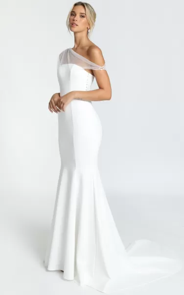 Women Bridal Gowns Put A Ring On It Gown - Asymmetric Mesh Shoulder Mermaid Gown In White Showpo