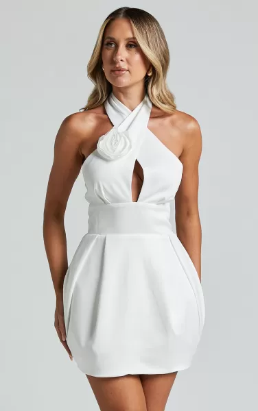 Women Showpo Sabatine Mini Dress - Halter Tie Neck Rosette Detail In White Bachelorette Dresses