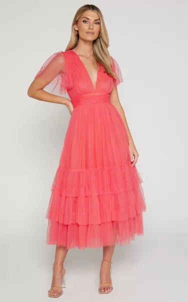 Bachelorette Dresses Showpo Women Jiraye Midi Dress - Flutter Sleeve Tuelle Plunge Dress In Coral