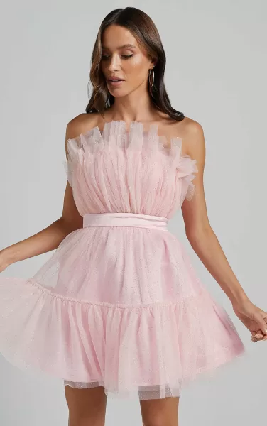 Bachelorette Dresses Amalya Mini Dress - Tiered Tulle Fit And Flare Dress In Baby Pink Glitter Women Showpo