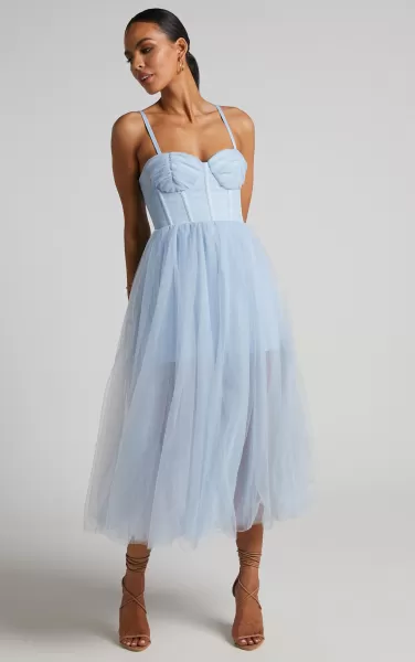 Women Showpo Bachelorette Dresses Aisha Midi Dress - Bustier Bodice Tulle Dress In Ice Blue