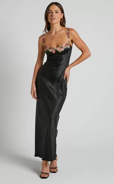 Women Showpo Harmony Midi Dress - Floral Detail Cup Bust Satin Dress In Black Bachelorette Dresses
