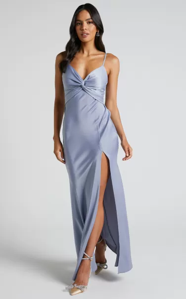 Showpo Gemalyn Midi Dress - Twist Front Thigh Split Dress In Sky Blue Women Blue Bridesmaid Dresses