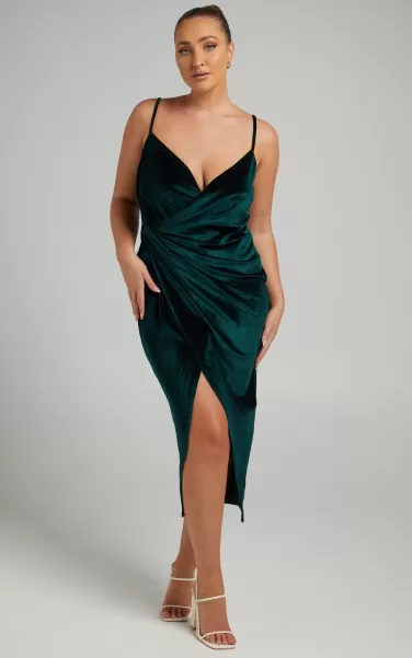 Loving Blind Midi Dress - Draped Thigh Split Dress In Emerald Velvet Women Green Bridesmaid Dresses Showpo