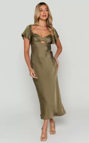 Green Bridesmaid Dresses Emberlynn Midi Dress - Flutter Sleeve Cut Out Satin Dress In Dark Olive Women Showpo