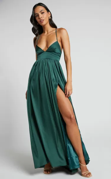 Green Bridesmaid Dresses I Want The World To Know Midi Dress - Thigh Split Tie Back Dress In Emerald Showpo Women