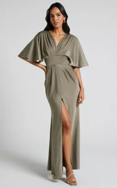 Gemalyn Midi Dress - Angel Sleeve V Neck Split Dress In Olive Women Showpo Green Bridesmaid Dresses