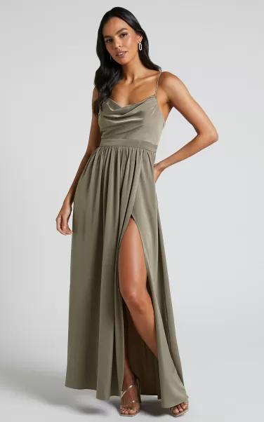 Gemalyn Maxi Dress - Cowl Neck Thigh Split Dress In Olive Women Green Bridesmaid Dresses Showpo