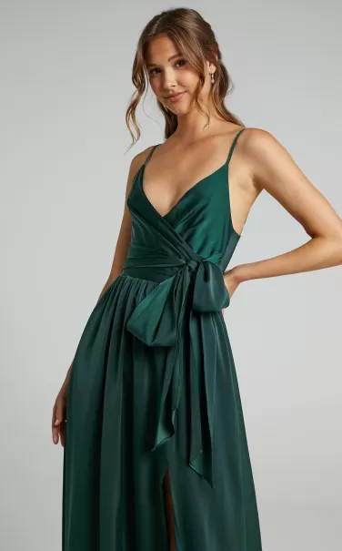 Showpo Green Bridesmaid Dresses Women Revolve Around Me Midi Dress - V Neck Wrap Dress In Emerald