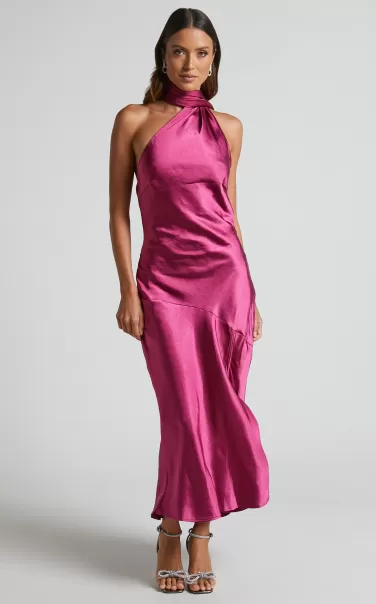 Showpo Evana Midi Dress - High Asymmetrical Neck Satin Slip Dress In Fuschia Women Pink Bridesmaid Dresses