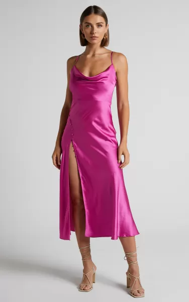 Showpo Women Pink Bridesmaid Dresses Flordeliza Midi Dress - Cowl Neck Thigh Slit Slip Dress In Pink