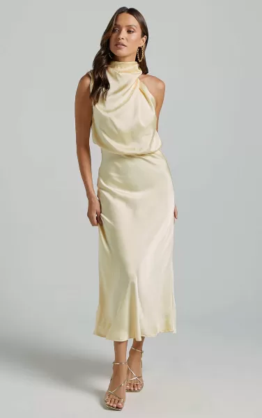 Minnie Midi Dress - Drape Neck Satin Slip Dress In Butter Yellow Showpo Cocktail Wedding Guest Women