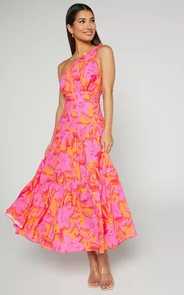 Showpo Cocktail Wedding Guest Georgine Midi Dress - One Shoulder Ruched Tiered Dress In Pink And Orange Women