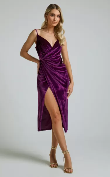 Loving Blind Midi Dress - Draped Thigh Split Dress In Amethyst Velvet Cocktail Wedding Guest Showpo Women