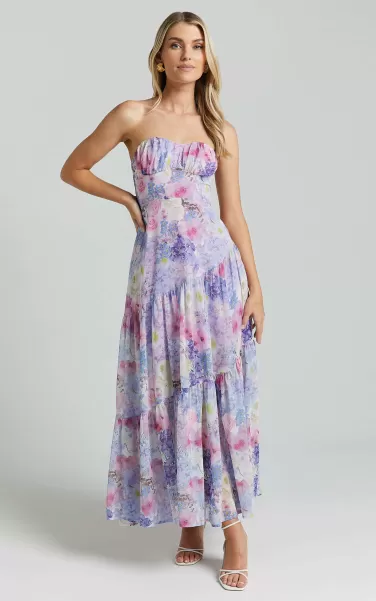 Rheanny Maxi Dress - Sweetheart Strapless Tiered Dress In Pink Purple Floral Cocktail Wedding Guest Showpo Women