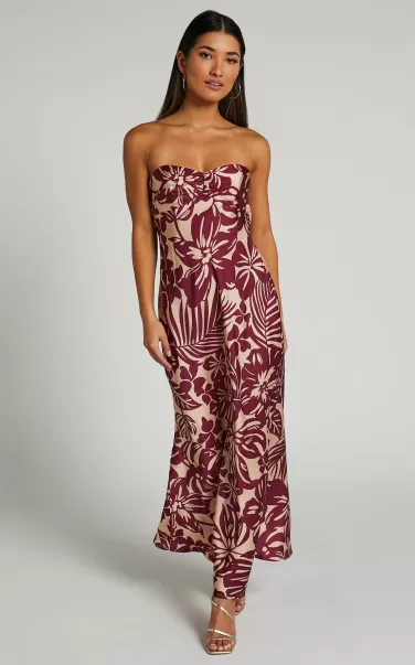 Breana Strapless Ruched Bust Maxi In Wine Floral Women Cocktail Wedding Guest Showpo