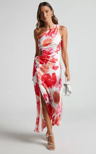 Cocktail Wedding Guest Showpo Leanora Maxi Dress - Side Cut Out One Shoulder Satin Dress In White Floral Women