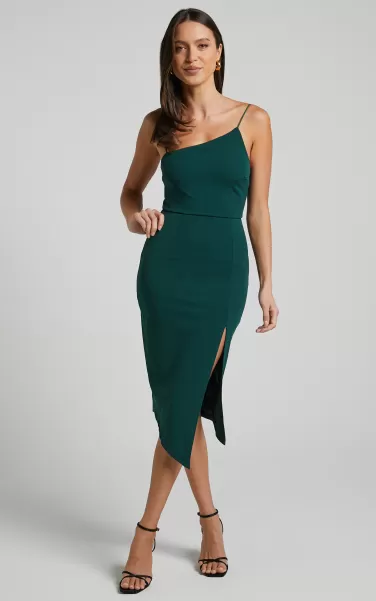 Cocktail Wedding Guest Showpo Life Changing Midi Dress - Thigh Split Bodycon Dress In Emerald Green Women