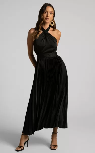 Women Showpo Formal Wedding Guest Eloise Midi Dress - Halter Neck Pleated Dress In Black