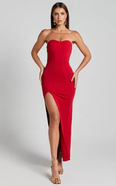 Oriella Midi Dress - Panelled Thigh Split Strapless Dress In Red Women Showpo Formal Wedding Guest