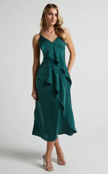 Formal Wedding Guest Eileen Midi Dress - V Neck Soft Ruffle Tiered Satin Dress In Emerald Showpo Women