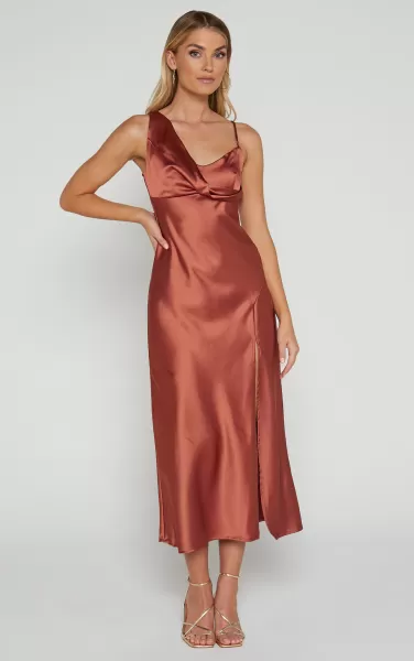 Adessa Midi Dress - Drape Detail Split Hem Dress In Copper Formal Wedding Guest Showpo Women