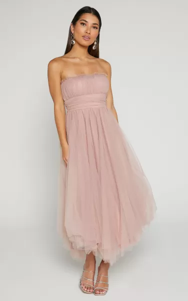 Women Showpo Brooke Midi Dress - Tulle Frill Detail Midi Dress In Blush Formal Wedding Guest