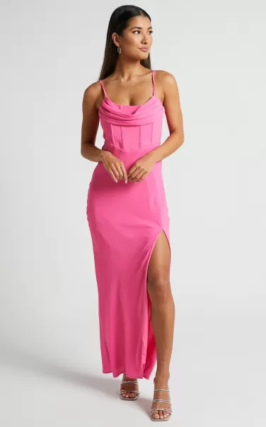 Blair Midi Dress - Corset Detail Thigh Split Dress In Pink Women Showpo Formal Wedding Guest