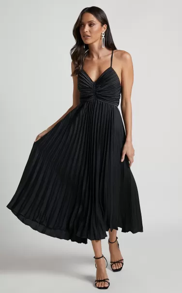 Showpo Zayla Midi Dress - Plisse Twist Front Dress In Black Formal Wedding Guest Women