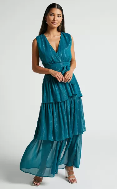 Formal Wedding Guest Showpo Alana Midi Dress - Short Sleeve Plunge Aline Dress In Emerald Women