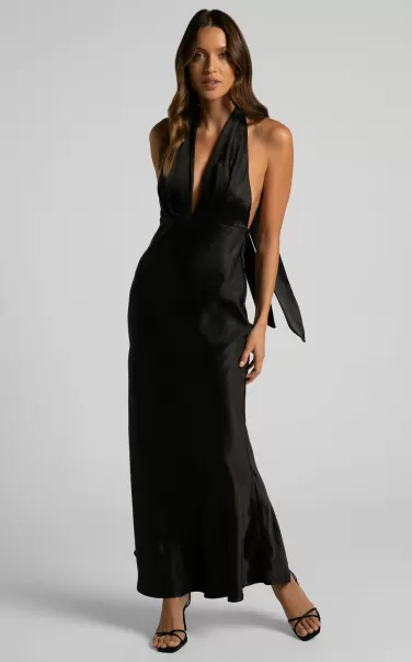 Aiyana Midi Dress - Halter Neck Satin Dress In Black Formal Wedding Guest Women Showpo