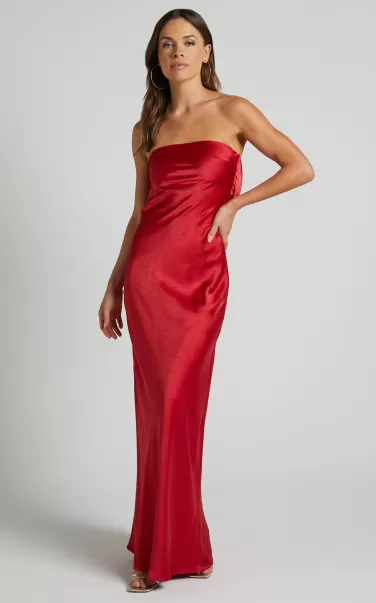 Women Showpo Formal Wedding Guest Charlita Maxi Dress - Strapless Cowl Back Satin Dress In Cherry Red