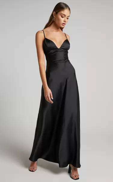 Women Cariela Midi Dress - Plunge Neck Satin Dress In Black Formal Wedding Guest Showpo