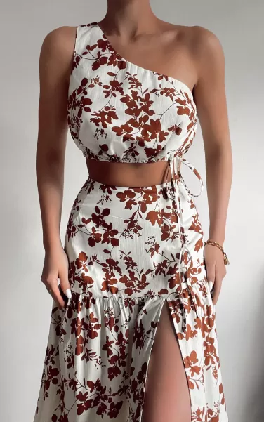 Showpo Wedding Guest Two Piece Sets Meghan Two Piece Set - One Shoulder Crop Top And Midi Skirt Set In Shadow Floral Women
