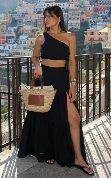 Wedding Guest Two Piece Sets Showpo Women Meghan Two Piece Set - One Shoulder Crop Top And Midi Skirt Set In Black